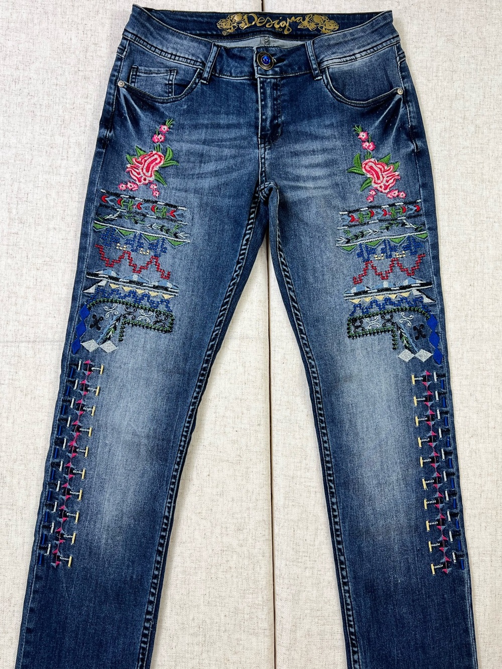 Desigual Exotic Jeans Embroidered Floral & Tribal Print Denim Pants 30